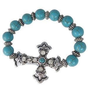 Sideways Cross Turquoise Beaded Christian Silver Tone Stretch Bracelet